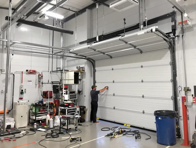 Daytona Beach Garage Door Repair certified technician performing commercial door repair at a Daytona Beach business facility