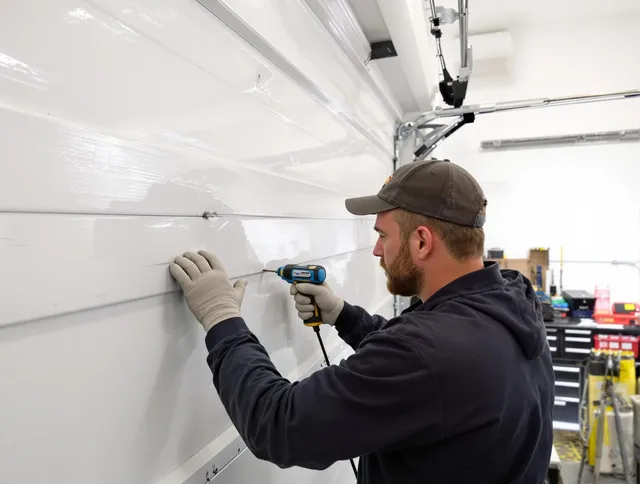 Daytona Beach Garage Door Repair technician demonstrating precision dent removal techniques on a Daytona Beach garage door