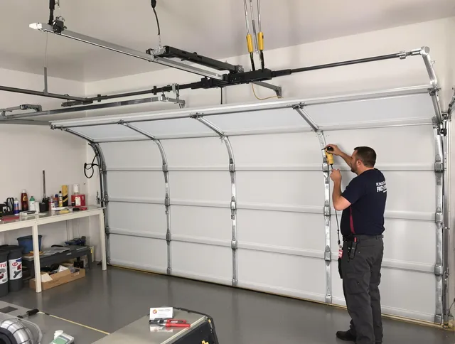 Daytona Beach Garage Door Repair certified technician performing overhead door system repair in Daytona Beach