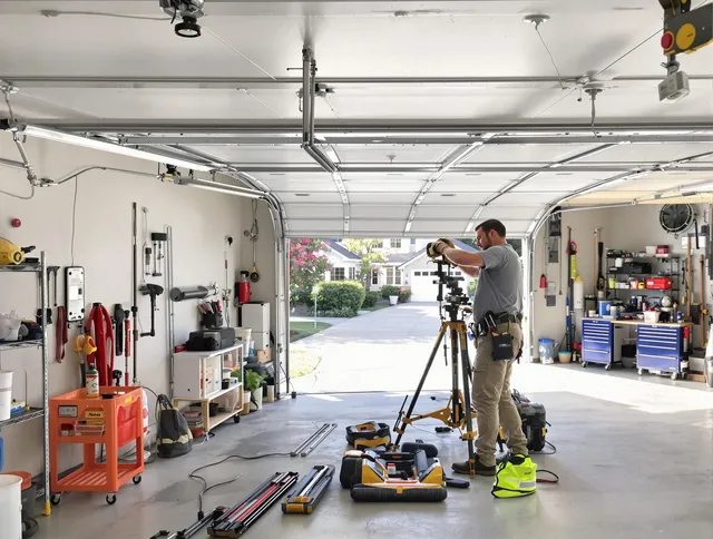 Daytona Beach Garage Door Repair specialist performing laser-guided track alignment in Daytona Beach